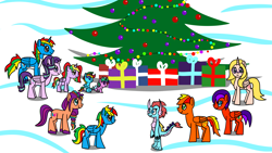 Size: 1920x1080 | Tagged: safe, artist:platinumdrop, starlight glimmer, sunny starscout, oc, oc:asteroid angus, oc:glitter sparkle, oc:jade harmony, oc:msalliecat, oc:royal strength, oc:shield wing, oc:skyress, oc:starling shield, oc:starshine armour, alicorn, dragon, earth pony, pegasus, pony, unicorn, g4, g5, alicorn oc, alicornified, christmas, christmas tree, fairy lights, glasses, holiday, horn, looking at you, pegasus oc, present, race swap, request, smiling, snow, starlicorn, string lights, tree, wings, winter, xk-class end-of-the-world scenario