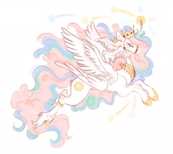 Size: 2048x1827 | Tagged: safe, artist:spicyybiscuit, princess celestia, alicorn, pony, g4, bridle, curved horn, eyes closed, flying, horn, multiple wings, solo, spread wings, tack, unshorn fetlocks, wing ears, wings