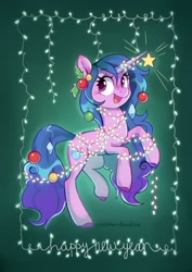 Size: 908x1280 | Tagged: safe, artist:anotherdeadrat, izzy moonbow, pony, unicorn, g5, bauble, being a christmas tree, blushing, christmas, christmas lights, christmas ornament, colored hooves, cute, decoration, female, happy, happy new year, holiday, izzybetes, looking away, looking sideways, mare, open mouth, open smile, ornament, rearing, smiling, solo, string lights, three quarter view