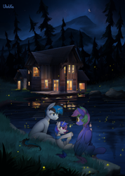Size: 2426x3416 | Tagged: safe, artist:uliovka, oc, oc only, oc:lishka, oc:solar gizmo, firefly (insect), insect, pegasus, pony, unicorn, eyebrows, eyebrows visible through hair, family, fangs, female, filly, foal, forest, high res, house, lake, male, mare, moon, night, reflection, scenery, shipping, stallion, trio, water