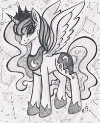 Size: 1567x1924 | Tagged: safe, artist:rossmaniteanzu, princess luna, alicorn, pony, g4, concave belly, constellation, crown, ethereal mane, eyelashes, fangs, hoof shoes, jewelry, lidded eyes, lightly watermarked, looking at you, pencil drawing, peytral, princess shoes, raised leg, regalia, slender, solo, spread wings, starry mane, starry tail, tail, thin, traditional art, watermark, wings