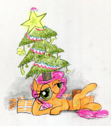 Size: 3525x4000 | Tagged: safe, artist:ja0822ck, pony, unicorn, christmas, christmas tree, holiday, present, traditional art, tree