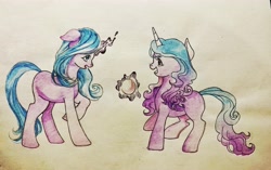 Size: 3601x2268 | Tagged: safe, artist:tulidewo, idw, izzy moonbow, radiant hope, pony, unicorn, g4, g5, duo, high res, traditional art