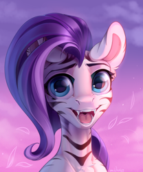 Size: 2500x3000 | Tagged: safe, artist:mithriss, oc, oc only, pony, zebra, bust, chest fluff, colored, fangs, female, high res, lighting, looking at you, mare, mawshot, open mouth, open smile, shading, slender, smiling, smiling at you, solo, sternocleidomastoid, teeth, thin