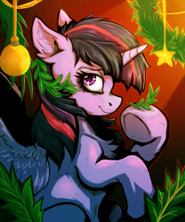 Size: 4167x5000 | Tagged: safe, artist:tatykin, twilight sparkle, alicorn, pony, g4, absurd resolution, chest fluff, christmas, female, holiday, looking at you, mare, ornament, side view, solo, twilight sparkle (alicorn)