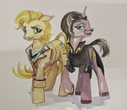 Size: 2623x2268 | Tagged: safe, artist:tulidewo, doctor whooves, time turner, earth pony, pony, unicorn, g4, anthony ainley, cricket bat, doctor who, duo, fifth doctor, frown, gay, high res, male, peter davison, sadism, the doctor, the master, the tremas master, traditional art, tunic, watercolor painting