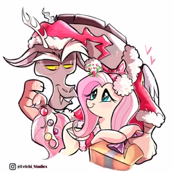 Size: 3000x3000 | Tagged: safe, artist:naquelinedelch2, discord, fluttershy, draconequus, pegasus, pony, g4, bell, blushing, bow, christmas, clothes, costume, duo, duo male and female, eyebrows, female, folded wings, grin, happy, hat, high res, holiday, looking at each other, looking at someone, male, mare, mistleholly, present, santa hat, signature, simple background, smiling, smiling at each other, white background, wings