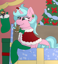 Size: 1000x1100 | Tagged: safe, artist:gray star, oc, oc:atom smasher, oc:candy chip, cyborg, pony, unicorn, bow, christmas, christmas stocking, christmas tree, clothes, hearth's warming eve, holiday, plushie, present, stockings, thigh highs, tree