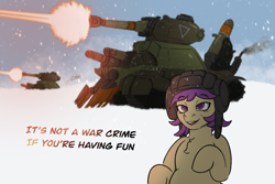 Size: 3001x2000 | Tagged: safe, artist:ezralight, oc, oc:tenk pone, pony, chest fluff, female, funny, high res, mare, meme, metal slug, shoe and karn, snow, tank (vehicle), war