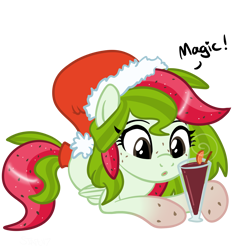 Size: 4096x4096 | Tagged: safe, artist:sjart117, oc, oc only, oc:watermelana, pegasus, pony, :o, alcohol, christmas, cinnamon, drink, female, food, freckles, gradient hooves, hat, holiday, lying down, mare, open mouth, orange, pegasus oc, santa hat, simple background, solo, speech, talking, transparent background, wine