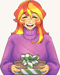 Size: 612x764 | Tagged: safe, artist:exvius, sunset shimmer, human, equestria girls, g4, christmas, clothes, eyes closed, holiday, open mouth, open smile, present, smiling, solo, sweater