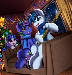 Size: 3213x3337 | Tagged: safe, artist:pridark, oc, oc only, oc:lishka, oc:solar gizmo, pegasus, pony, unicorn, christmas, christmas tree, commission, couch, family, female, filly, foal, group, guitar, high res, holiday, horn, musical instrument, open mouth, pegasus oc, shipping, sitting, snow, snowfall, tree, trio, unicorn oc, window