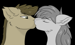 Size: 2000x1200 | Tagged: safe, artist:yerwarrior, oc, oc only, oc:cassie, oc:petrichor, earth pony, pegasus, pony, black background, bust, duo, earth pony oc, eyes closed, gay, kiss on the lips, kissing, looking at someone, male, oc x oc, pegasus oc, shipping, simple background, stallion