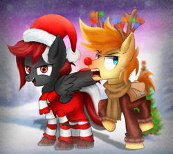 Size: 1800x1600 | Tagged: safe, artist:pizzamovies, oc, oc:pizzamovies, oc:scarlet haze, earth pony, pegasus, pony, antlers, bag, christmas, christmas lights, clothes, disgusted, earth pony oc, female, hat, holiday, looking at you, male, mare, pegasus oc, reindeer antlers, saddle bag, santa hat, shipping, snow, snowfall, stallion