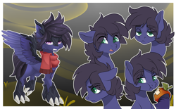 Size: 3700x2300 | Tagged: safe, artist:xvostik, oc, oc only, oc:fenris ebonyglow, original species, pegasus, pony, timber pony, timber wolf, apple, clothes, expressions, food, high res, male, scarf, simple background, stallion