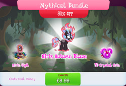 Size: 1264x860 | Tagged: safe, gameloft, autumn blaze, kirin, nirik, g4, my little pony: magic princess, book, bundle, bush, costs real money, english, fangs, female, fire, horn, mane of fire, mobile game, numbers, sale, solo, text