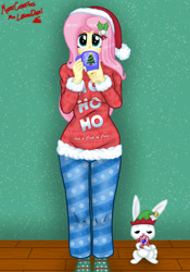 Size: 1280x1829 | Tagged: safe, artist:lennondash, angel bunny, fluttershy, human, rabbit, equestria girls, g4, animal, christmas, christmas sweater, clothes, drinking, elf hat, female, hairpin, hat, holiday, male, mistleholly, mug, pajamas, santa hat, socks, stocking feet, sweater