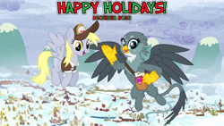 Size: 2064x1163 | Tagged: safe, artist:cheezedoodle96, artist:not-yet-a-brony, derpy hooves, gabby, griffon, pegasus, pony, g4, 2022, bag, christmas, december, duo, friendship, happy holidays, hearth's warming, holiday, mail, mailbag, mailmare, ponyville, youtube link in the description