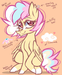 Size: 1280x1540 | Tagged: safe, artist:conflei, oc, oc only, pegasus, pony, colored hooves, ear fluff, ear piercing, eyelashes, female, heart, heart eyes, mare, orange background, pegasus oc, piercing, simple background, smiling, solo, wingding eyes, wings