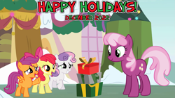 Size: 2063x1160 | Tagged: safe, artist:not-yet-a-brony, artist:valadrem, artist:vector-brony, apple bloom, cheerilee, scootaloo, sweetie belle, earth pony, pegasus, pony, unicorn, g4, 2022, christmas, cutie mark crusaders, december, female, filly, foal, happy holidays, holiday, mare, ponyville, present, student, teacher