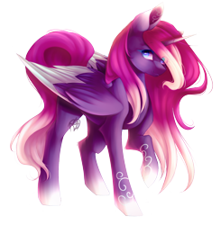 Size: 1608x1644 | Tagged: safe, artist:prettyshinegp, oc, oc only, alicorn, pony, alicorn oc, colored wings, female, horn, mare, raised hoof, signature, simple background, smiling, solo, tattoo, transparent background, two toned wings, wings