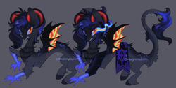 Size: 1280x643 | Tagged: safe, artist:dammmnation, discord, king sombra, draconequus, g4, bat wings, chest fluff, duo, fusion, gray background, gritted teeth, heterochromia, horns, leonine tail, simple background, sombra eyes, tail, teeth, wings