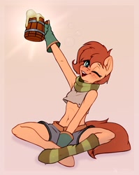 Size: 2754x3462 | Tagged: safe, artist:taneysha, oc, oc only, oc:rusty gears, earth pony, anthro, unguligrade anthro, alcohol, art trade, beer, belly button, blushing, clothes, female, freckles, gloves, high res, looking at you, midriff, mug, one eye closed, open mouth, open smile, scarf, short shirt, shorts, sitting, smiling, smiling at you, socks, solo, striped scarf, striped socks, wink, winking at you