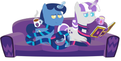 Size: 3040x1547 | Tagged: safe, alternate version, artist:sketchmcreations, night light, twilight velvet, pony, unicorn, g4, book, chocolate, clothes, couch, duo, eggnog, female, food, friendship journal, hot chocolate, husband and wife, inkscape, magic, male, mare, married couple, mug, pointy ponies, scarf, ship:nightvelvet, shipping, simple background, stallion, straight, striped scarf, telekinesis, transparent background, vector