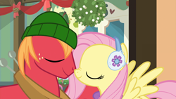 Size: 1920x1080 | Tagged: safe, edit, edited screencap, screencap, big macintosh, fluttershy, earth pony, pegasus, pony, g4, my little pony best gift ever, boop, cap, character swap, clothes, cute, earmuffs, eyes closed, female, hat, hearth's warming, male, mare, mistletoe, nose wrinkle, noseboop, ship:fluttermac, shipping, spread wings, stallion, straight, sweater, wings, winter outfit