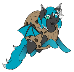 Size: 2107x2072 | Tagged: safe, artist:dirtpecker, oc, oc only, oc:lucia, bat pony, pony, bat pony oc, clothes, cookie, cookie costume, costume, flower, food, food costume, high res, open mouth, simple background, socks, solo, transparent background