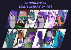 Size: 2500x1773 | Tagged: safe, artist:autumnsfur, diamond tiara, izzy moonbow, pipp petals, queen chrysalis, sunny starscout, oc, oc:benny, oc:glitter stone, oc:kara, oc:kion, changeling, changeling queen, cow, dragon, earth pony, pegasus, pony, unicorn, anthro, g4, g5, my little pony: tell your tale, anthro oc, anthro with ponies, art summary, blue eyes, blue hair, blue mane, brown coat, brown fur, bust, clothes, collection, colored, crown, detailed background, digital art, earth pony oc, female, forest, fursona, gray coat, green eyes, green hair, green mane, grey fur, hair over one eye, highland cow, horn, jewelry, lighthouse, male, mane stripe sunny, mare, multicolored hair, multiple art, multiple poses, nature, orange coat, orange fur, pink coat, pink fur, pink hair, pink mane, pond, purple eyes, purple hair, purple mane, red eyes, regalia, simple background, sunset, text, tiara, tree, water