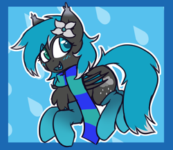 Size: 1736x1507 | Tagged: safe, artist:rivibaes, oc, oc only, oc:lucia, bat pony, pony, abstract background, bat pony oc, clothes, flower, open mouth, scarf, socks, solo, striped scarf