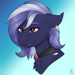 Size: 1000x1000 | Tagged: safe, artist:monsoonvisionz, oc, oc only, oc:nocturne vision, bat pony, pony, bat pony oc, bust, chest fluff, choker, claws, ear fluff, ear piercing, ear tufts, earring, floppy ears, jewelry, piercing, solo, sternocleidomastoid, tired, wing claws, wings