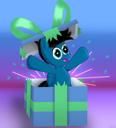 Size: 5974x6600 | Tagged: safe, artist:agkandphotomaker2000, oc, oc only, oc:pony video maker, pegasus, pony, christmas, christmas gift, confetti, folded wings, hearts warming day, hidden inside a present, holiday, looking at you, present, simple background, wings