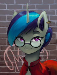 Size: 2154x2818 | Tagged: safe, artist:mrscroup, oc, oc only, oc:astrum solus, pony, unicorn, brick wall, cloak, clothes, ear fluff, ear piercing, earring, glasses, graffiti, hair bun, high res, horn, jewelry, looking at you, no source available, piercing, smug, solo, unicorn oc