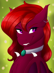 Size: 738x1000 | Tagged: safe, artist:monsoonvisionz, oc, oc:gushing pulse, bat pony, pony, bat pony oc, bat wings, bust, chest fluff, choker, claws, ear piercing, ear tufts, earring, fangs, jewelry, no source available, piercing, simple background, smiling, smirk, solo, wing claws, wings