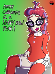 Size: 750x1000 | Tagged: safe, artist:thealjavis, moondancer, human, equestria girls, g4, christmas, clothes, costume, glasses, gradient background, holiday, santa costume, socks, solo, stockings, thigh highs