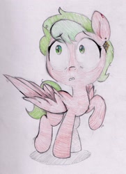 Size: 1701x2354 | Tagged: safe, artist:foxtrot3, oc, oc only, oc:dainty, pegasus, pony, female, jewelry, mother, nervous, scared, solo, traditional art