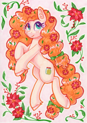 Size: 1475x2068 | Tagged: safe, artist:dandy, pear butter, earth pony, pony, g4, blushing, bow, copic, ear fluff, female, flower, flower in hair, hair bow, leaves, leaves in hair, looking at you, mare, smiling, solo, traditional art, unshorn fetlocks