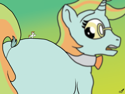 Size: 4179x3139 | Tagged: safe, artist:vanillabeam, oc, oc:mint sorbet, pony, unicorn, bowtie, butt, dock, eyelashes, glasses, gradient background, macro/micro, male, micro, plot, stallion, tail, tiny, tiny ponies