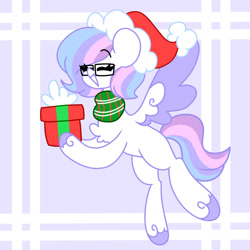 Size: 1280x1280 | Tagged: safe, artist:ladylullabystar, oc, oc:lullaby star, pegasus, pony, chest fluff, christmas, female, glasses, hat, holiday, mare, present, santa hat, solo