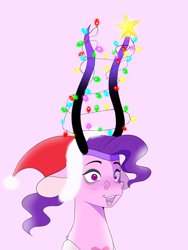 Size: 1486x1978 | Tagged: safe, artist:aztrial, oc, oc only, oc:doodles, draconequus, christmas, christmas lights, cute, draconequus oc, female, hat, holiday, markings, open mouth, pink background, santa hat, simple background, solo