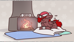 Size: 1600x925 | Tagged: safe, artist:mariashek, oc, oc only, oc:hardy, alicorn, pony, :p, alicorn oc, chest fluff, christmas, cup, eyes closed, fireplace, hat, holiday, horn, pillow, purring, santa hat, solo, tongue out, translated in the description, wings