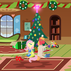 Size: 2880x2880 | Tagged: safe, anonymous artist, big macintosh, fluttershy, oc, oc:late riser, earth pony, pegasus, pony, series:fm holidays, series:hearth's warming advent calendar 2022, g4, advent calendar, baby, baby clothes, baby pony, bedroom eyes, big wheel, christmas, christmas tree, christmas wreath, clothes, colt, cute, dress, family, female, fluttershy's cottage, foal, footed sleeper, footie pajamas, garland, high res, hinting, holiday, lineless, long underwear, looking at each other, looking at someone, looking back, male, mare, ocbetes, offspring, onesie, open mouth, open smile, pajamas, parent:big macintosh, parent:fluttershy, parents:fluttermac, pointy ponies, present, ship:fluttermac, shipping, sitting, smiling, stallion, straight, tongue out, tree, tricycle, trio, wreath