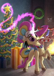 Size: 1250x1750 | Tagged: safe, artist:calena, oc, oc only, oc:trinity deblanc (new), pony, unicorn, 2022, candy, candy cane, christmas, christmas lights, christmas tree, christmas wreath, crystal, cute, fire, fireplace, food, garland, glowing, glowing horn, holiday, horn, jewelry, looking at you, magic, magic aura, male, multicolored hair, necklace, pink eyes, present, solo, telekinesis, tree, wreath