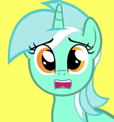 Size: 667x719 | Tagged: safe, artist:ponywarlord777, lyra heartstrings, pony, unicorn, g4, bust, looking at you, open mouth, portrait, sad, simple background, solo, yellow background