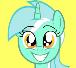 Size: 673x603 | Tagged: safe, artist:ponywarlord777, lyra heartstrings, pony, unicorn, g4, bust, grin, happy, looking at you, portrait, simple background, smiling, solo, yellow background