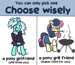 Size: 5000x4311 | Tagged: safe, artist:threetwotwo32232, bon bon, lyra heartstrings, sweetie drops, earth pony, pony, unicorn, g4, barbeque, clothes, cooking, female, food, grill, looking at you, mare, meat, meme, sailor uniform, simple background, skirt, uniform, white background