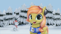 Size: 1920x1080 | Tagged: safe, artist:t15, oc, oc only, oc:jennifer gloria, pegasus, pony, derpibooru, clothes, commission, forest, green eyes, happy, headphones, logo, looking at you, meta, pegasus oc, scarf, smiling, snow, snowpony, solo, striped scarf, tags, tree, winter