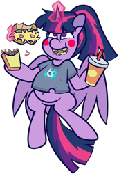 Size: 4903x7119 | Tagged: safe, artist:threetwotwo32232, dj pon-3, twilight sparkle, vinyl scratch, alicorn, pony, a trivial pursuit, blush sticker, blushing, burger, chubby, chubby twilight, female, food, french fries, glowing, glowing horn, hay burger, hay fries, horn, ketchup, levitation, magic, magic aura, mare, sauce, simple background, spread wings, telekinesis, transparent background, twilight burgkle, twilight sparkle (alicorn), weight gain, wings